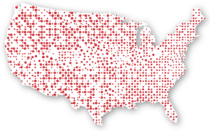 US map with red dots all across showing Americans with high blood pressure